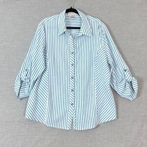 Drapers & Damon Top Womens 2X Button Up Roll Tab Sleeves Striped Blue Textured